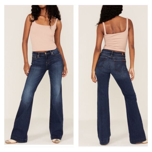 7 For All Mankind DOJO Trouser Flare Mid Rise Jeans Dark Wash Size 34 x 32 - Picture 1 of 16